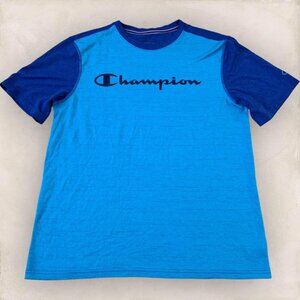 Champion T-Shirt Men’s Size Medium Blue Colorblock Spellout Fitness Sports
